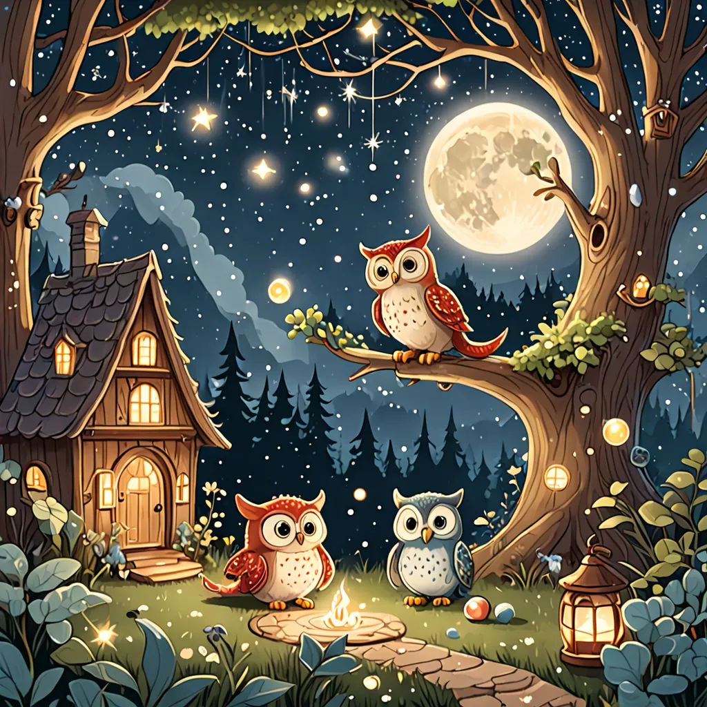 two owls sitting on a tree branch in front of a house with a full moon in the background and a pathway leading to a tree with a lantern, fantasy art, a storybook illustration, Chris LaBrooy, storybook illustration