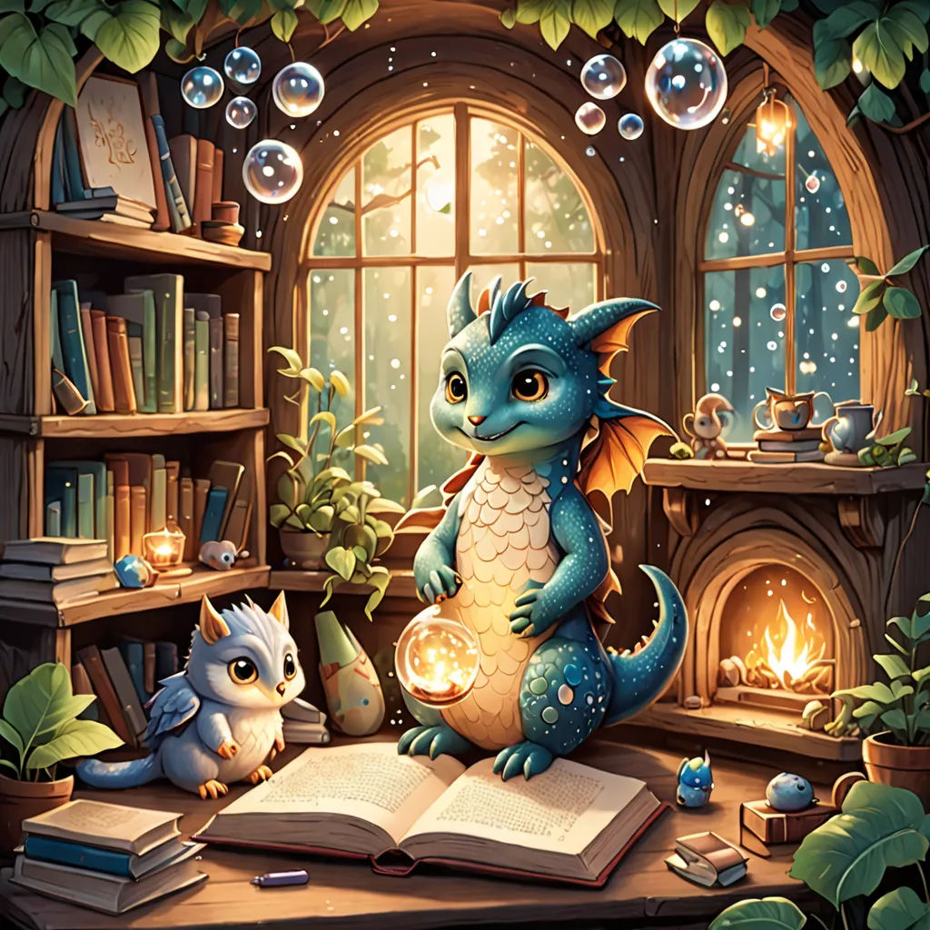 a dragon and a cat are sitting on a table in front of a bookcase with bubbles floating over it, fantasy art, a storybook illustration, Chris LaBrooy, fantasy illustration