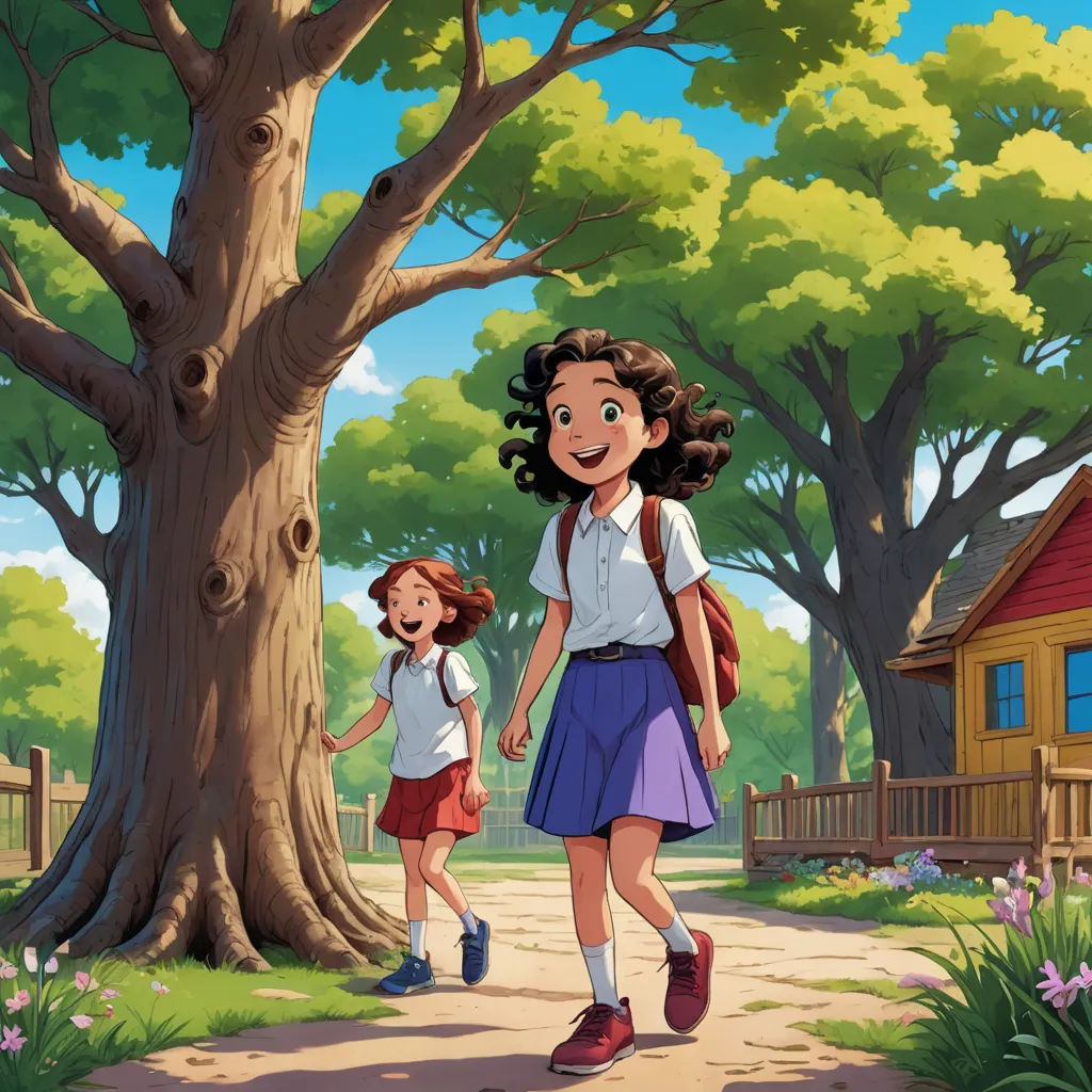 a girl and a girl walking down a path in a park with a tree in the background and a house in the background, american scene painting, a storybook illustration, Choi Buk, official art