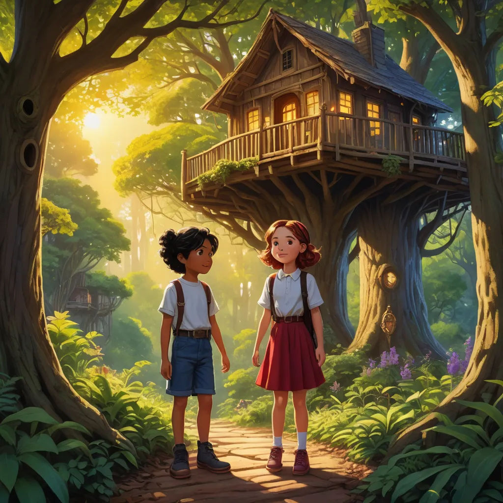 a painting of two children standing in front of a tree house in the woods with a tree house in the background, magical realism, a storybook illustration, Aaron Jasinski, official art