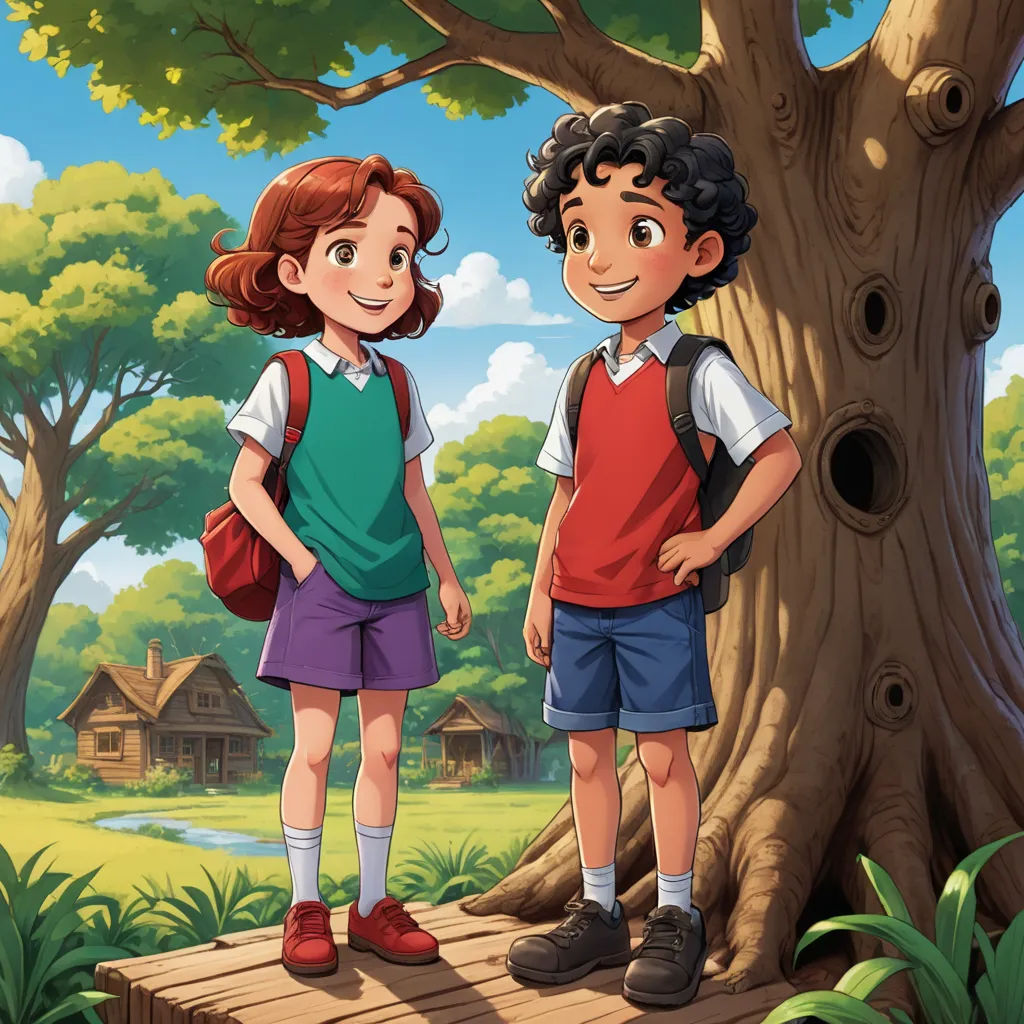 a boy and a girl standing in front of a tree in a forest illustration for children's book, danube school, a storybook illustration, Diego Gisbert Llorens, promotional image