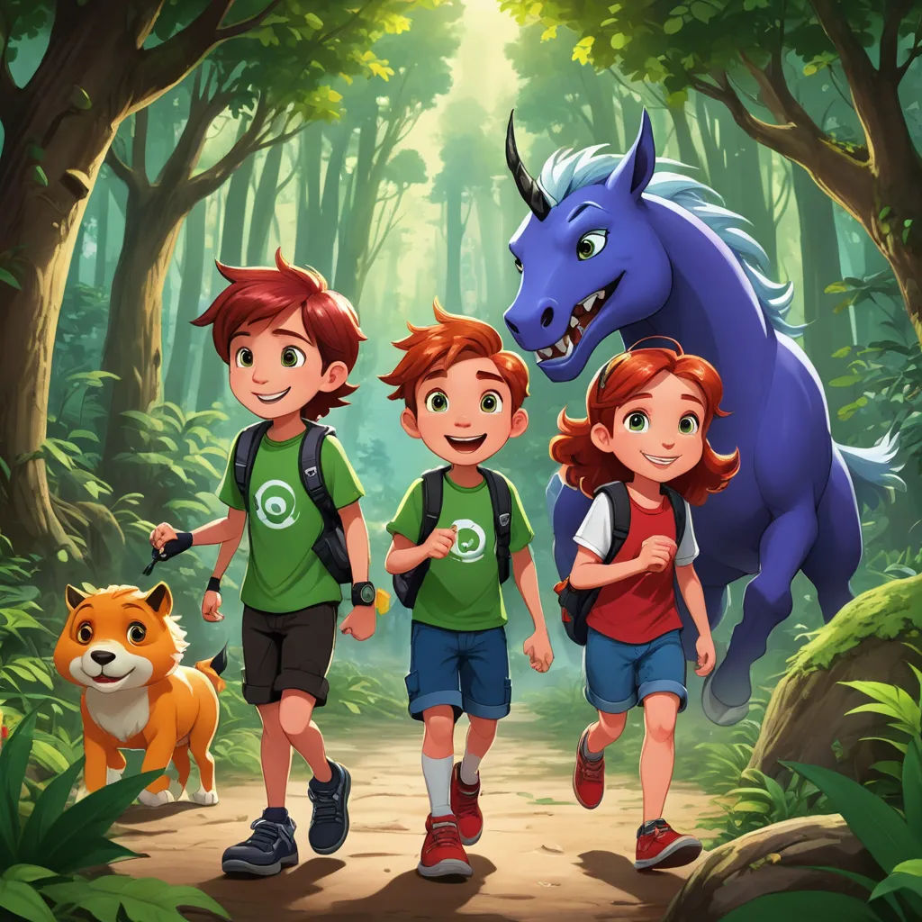 a group of kids walking in the woods with a dragon behind them and a dog behind them, with a forest background, sots art, concept art, Diego Gisbert Llorens, promotional image