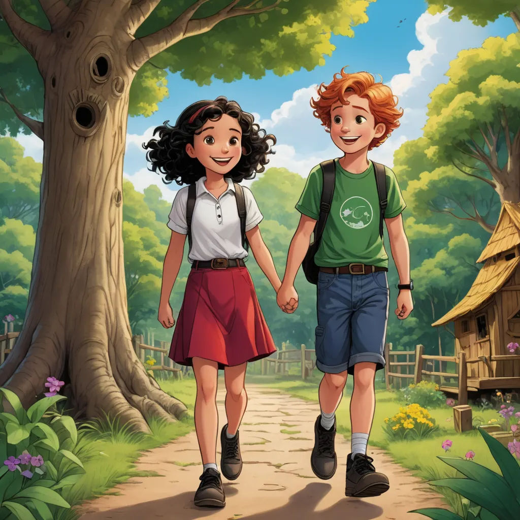 a boy and a girl walking down a path in the woods holding hands and smiling at the camera,, les automatistes, a storybook illustration, Cedric Seaut (Keos Masons), official art