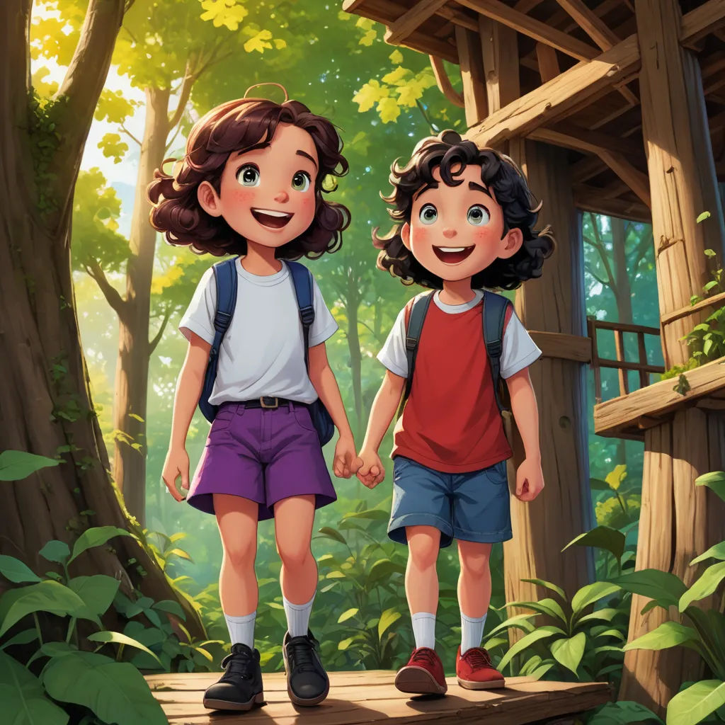 a couple of kids standing on a wooden platform in the woods holding hands and smiling at the camera,, sots art, a storybook illustration, Brothers Hildebrandt, official art
