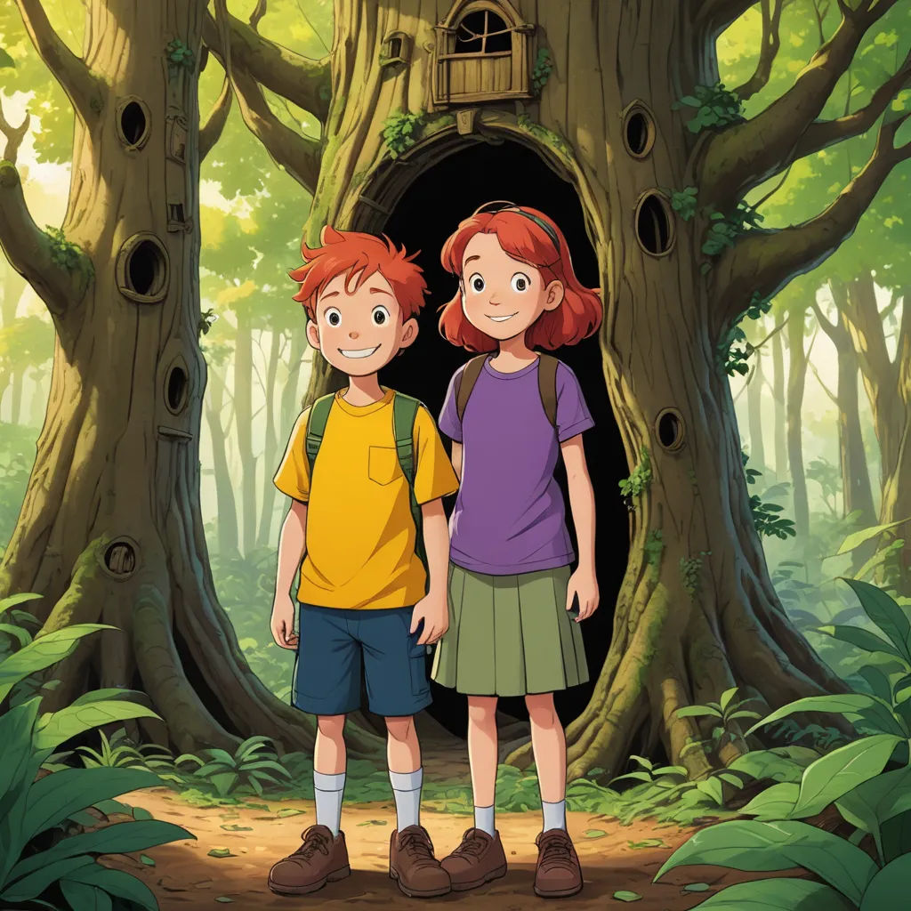 a boy and a girl standing in front of a tree house in the woods with a birdhouse on the tree, les nabis, a storybook illustration, Felix-Kelly, ghibli
