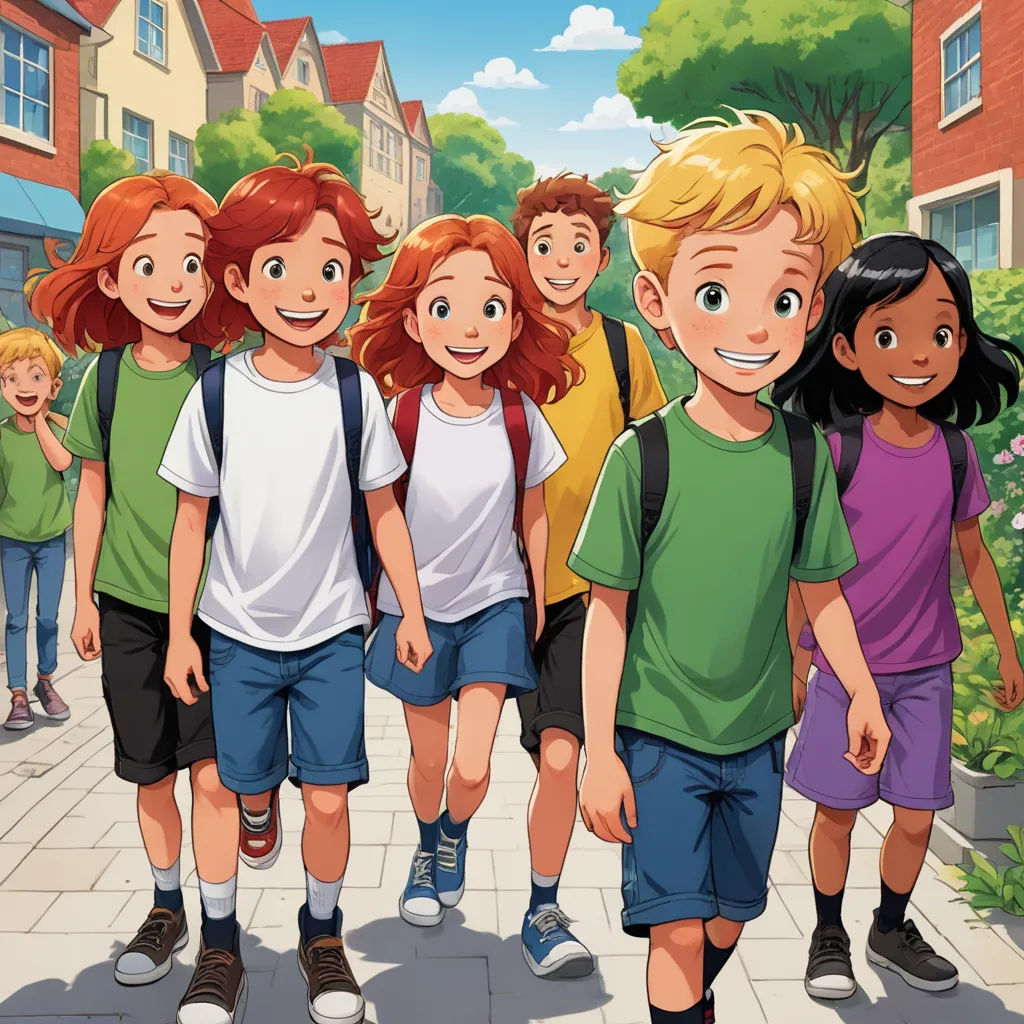 a group of children walking down a sidewalk in front of a building with a clock tower on it's side, danube school, a storybook illustration, Florence Engelbach, official art