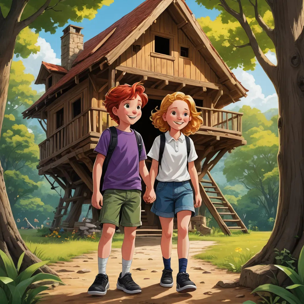 a boy and a girl are standing in front of a tree house in the woods, holding hands and smiling, danube school, a storybook illustration, Diego Gisbert Llorens, storybook illustration