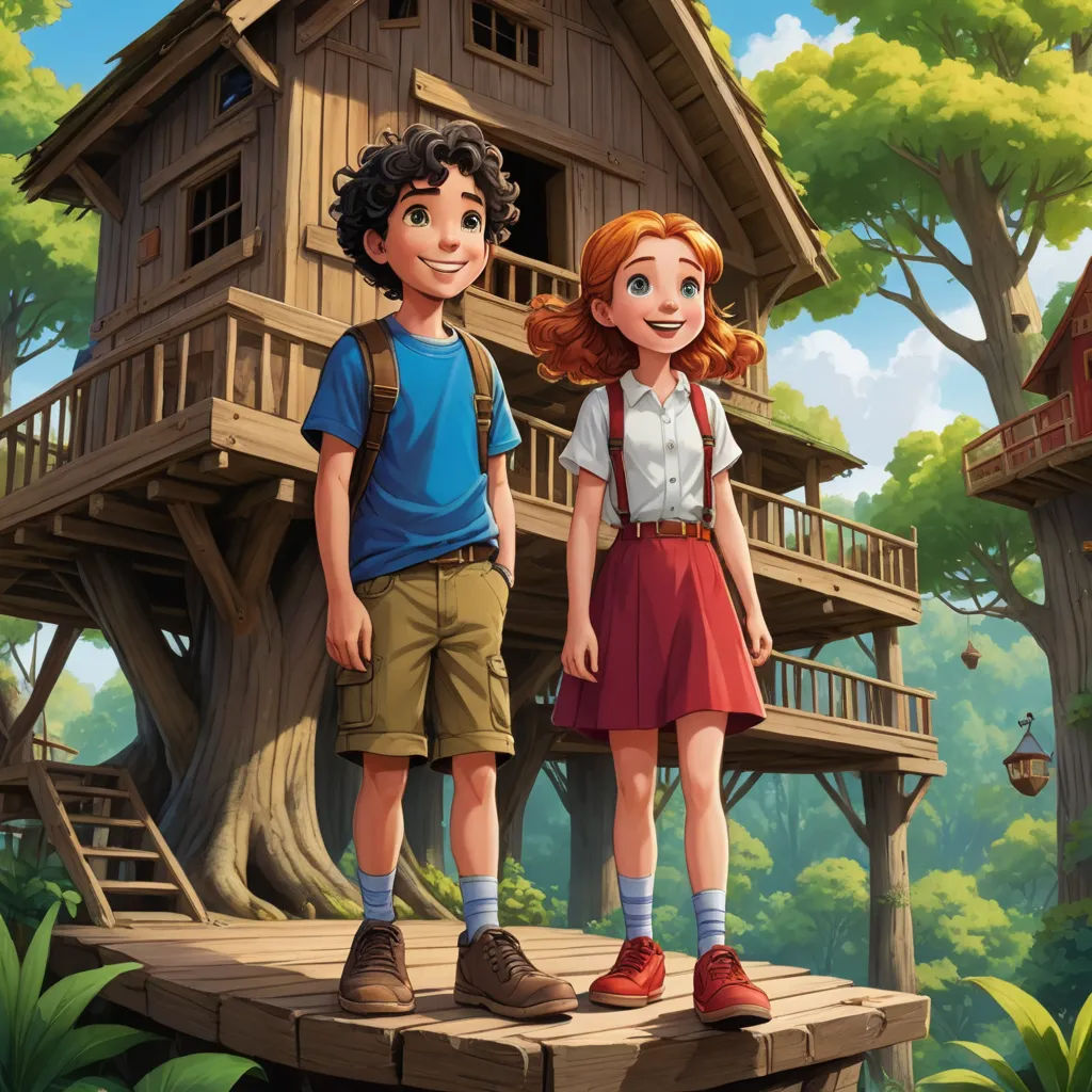 a boy and a girl standing on a platform in front of a tree house with a treehouse on it, american scene painting, a storybook illustration, Diego Gisbert Llorens, promotional image