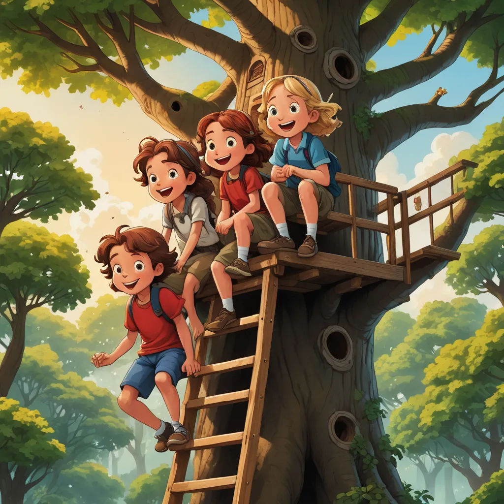a group of kids climbing up a treehouse in the forest illustration by alex krautman for the children's book, lyco art, a storybook illustration, Diego Gisbert Llorens, storybook illustration