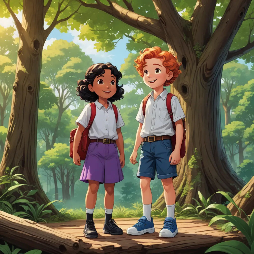 a boy and a girl standing in the woods together, looking at each other and smiling at the camera, paris school, a storybook illustration, Diego Gisbert Llorens, promotional image