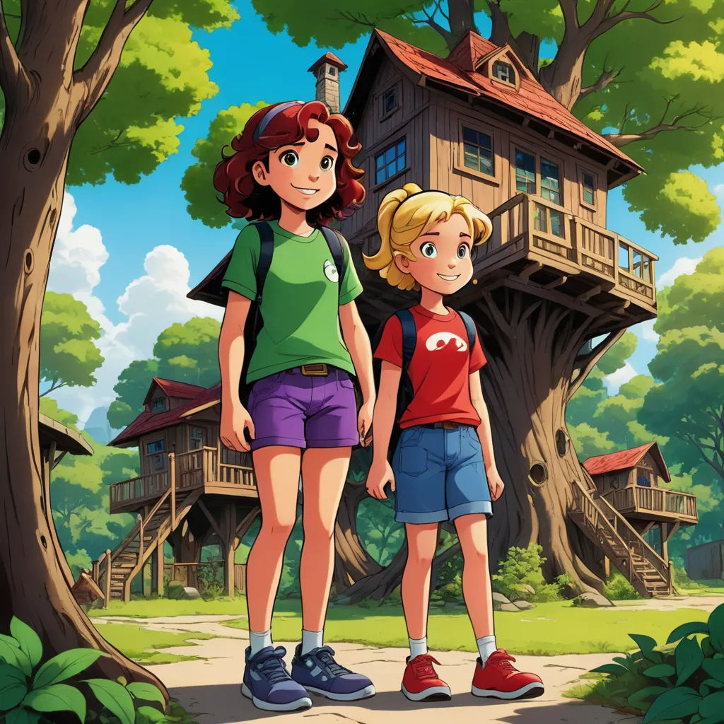 a couple of kids standing in front of a tree house in a forest with a tree house in the background, lyco art, a storybook illustration, Cliff Childs, official art