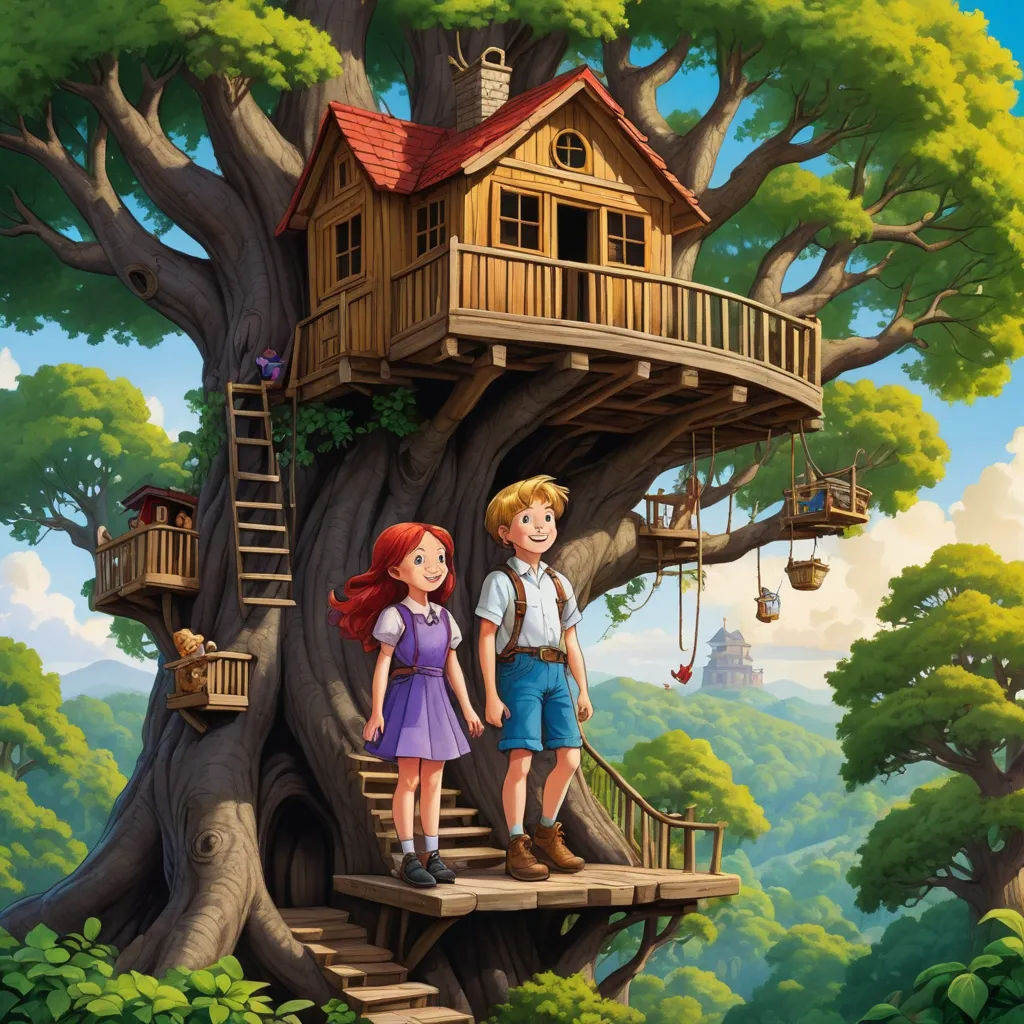 a couple of kids standing in front of a tree house on a tree trunk with a swing set in the tree, magical realism, a storybook illustration, Cliff Childs, promotional image