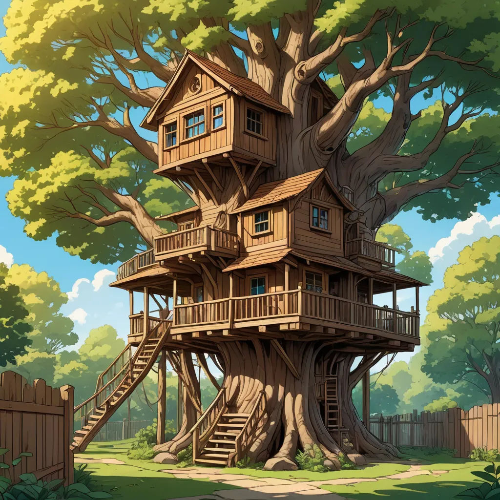 a tree house with a staircase to the top of it in a park setting with a fence and trees, fantasy art, a detailed matte painting, Chris LaBrooy, ghibli