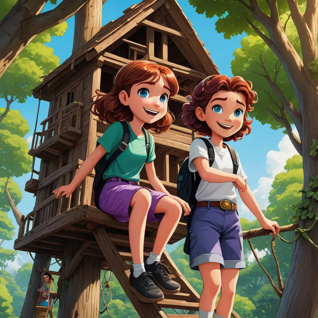 a couple of kids sitting on top of a tree house in the forest with a dog on a leash, sots art, a storybook illustration, Diego Gisbert Llorens, official art