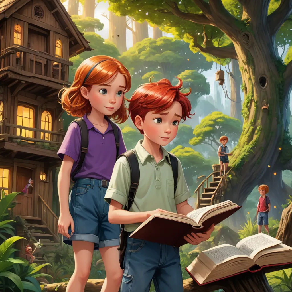 a boy and a girl are standing in front of a tree house and a book is open in front of them, fantasy art, a storybook illustration, Chris LaBrooy, storybook illustration