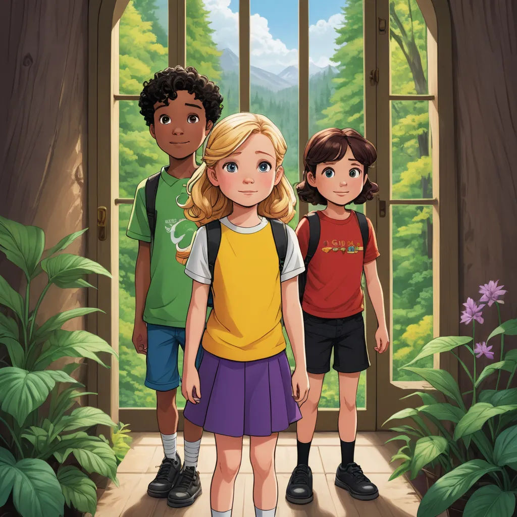 a group of children standing in front of a door with a view of a forest outside of them illustration, vancouver school, a storybook illustration, Esther Blaikie MacKinnon, official art