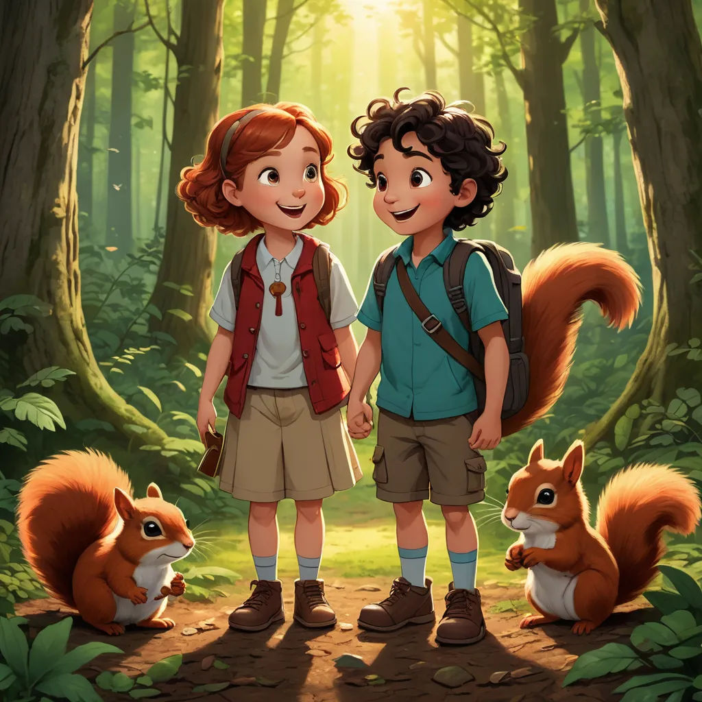 a boy and a girl standing in the woods with a squirrel behind them and a squirrel behind them, both holding hands, sots art, a storybook illustration, Anne Said, official art