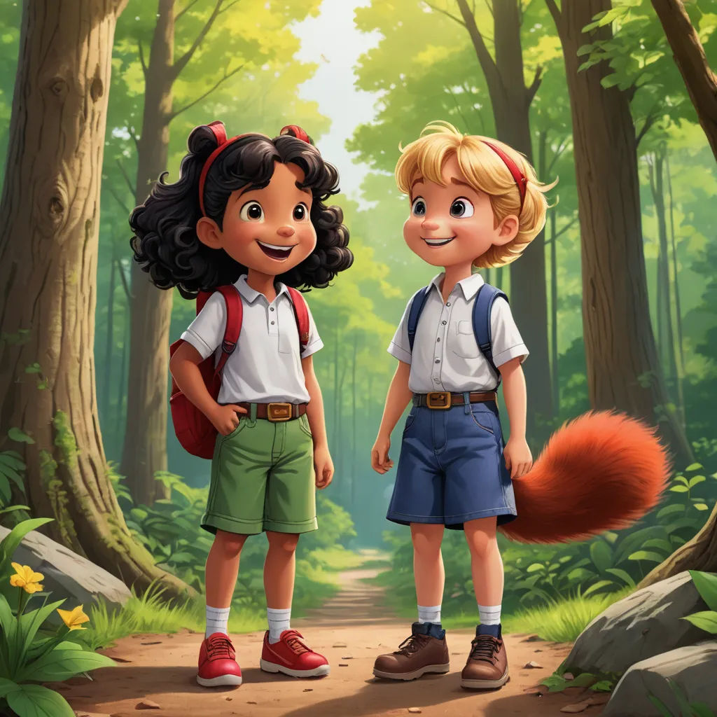 a couple of kids standing next to each other in a forest with a fox on the ground and a fox on the ground, furry art, a storybook illustration, Diego Gisbert Llorens, promotional image