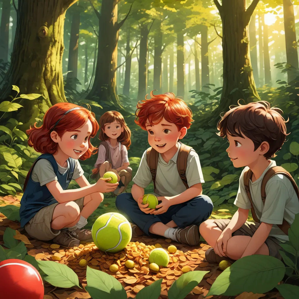 a group of children sitting on the ground with apples in their hands and a ball in the foreground, sots art, a storybook illustration, Clint Cearley, cushart krenz