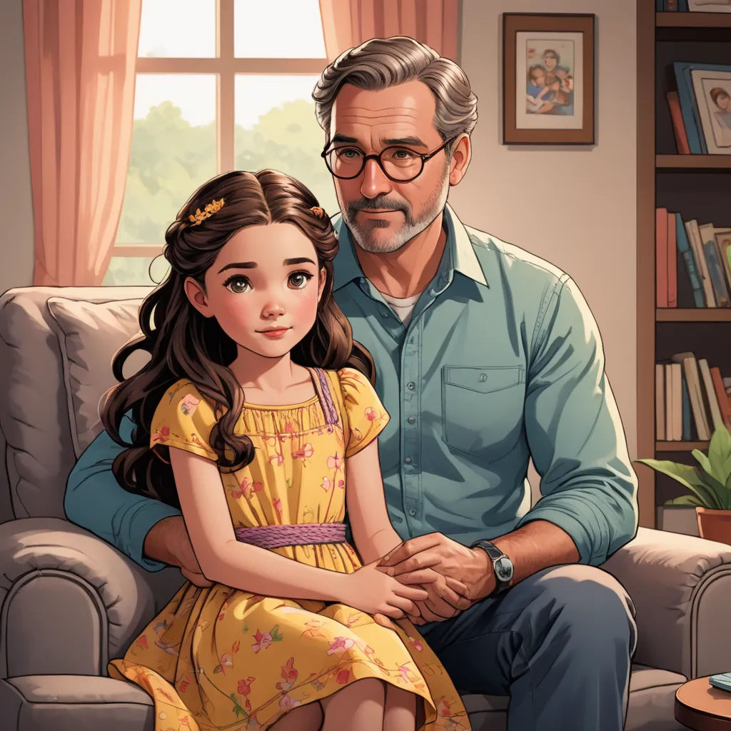 a man and a little girl sitting on a couch in a living room next to a window with a bookcase, american scene painting, a storybook illustration, Cliff Childs, ultra realistic illustration