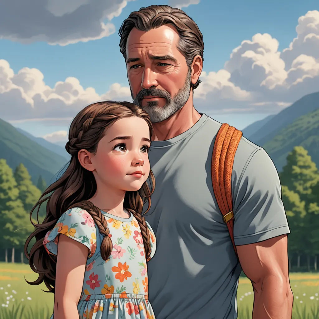 a man and a little girl standing in a field with mountains in the background and clouds in the sky, american realism, a storybook illustration, Aaron Jasinski, graphic novel
