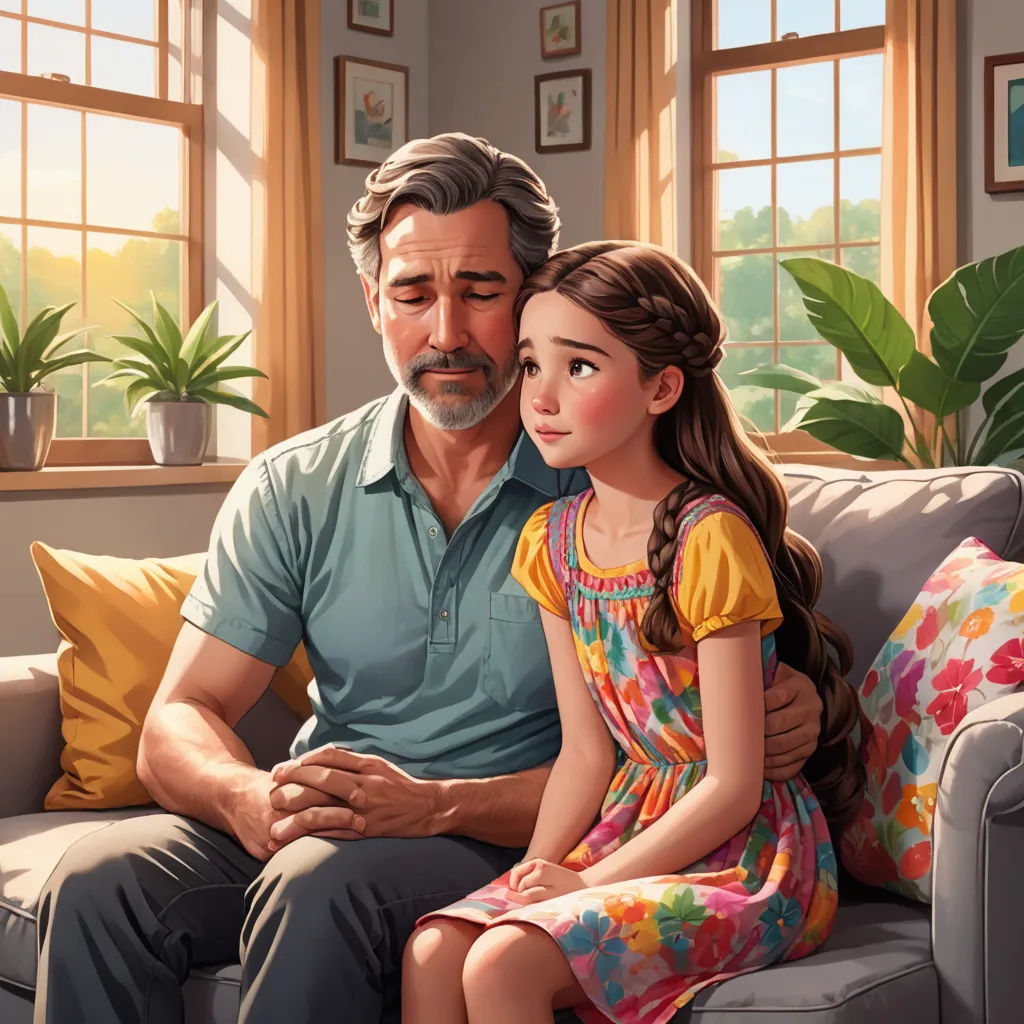 a man and a little girl sitting on a couch together, with a painting of a man and a girl, american realism, a storybook illustration, Alejandro Burdisio, cgstudio