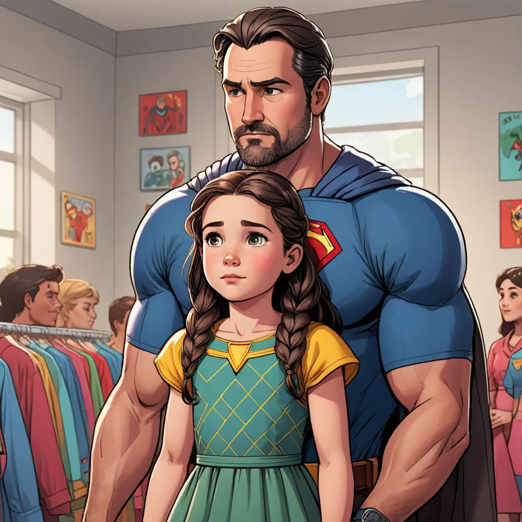 a cartoon of a man and a girl in a room with a superman costume on and a girl in a dress, superflat, a comic book panel, Altichiero, official art