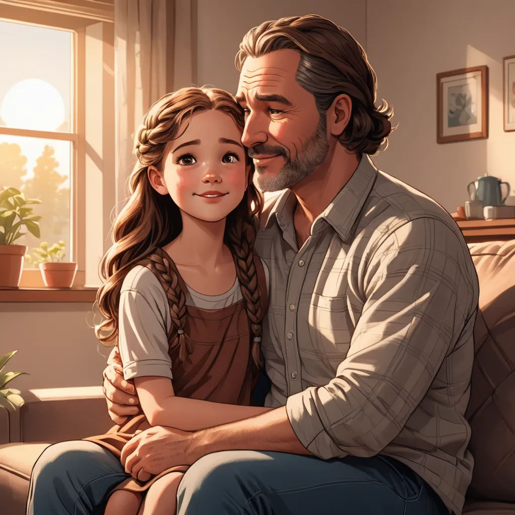 a man and a little girl sitting on a couch together, with a window in the background and a potted plant in the corner, verdadism, a storybook illustration, Alejandro Burdisio, trending on art station