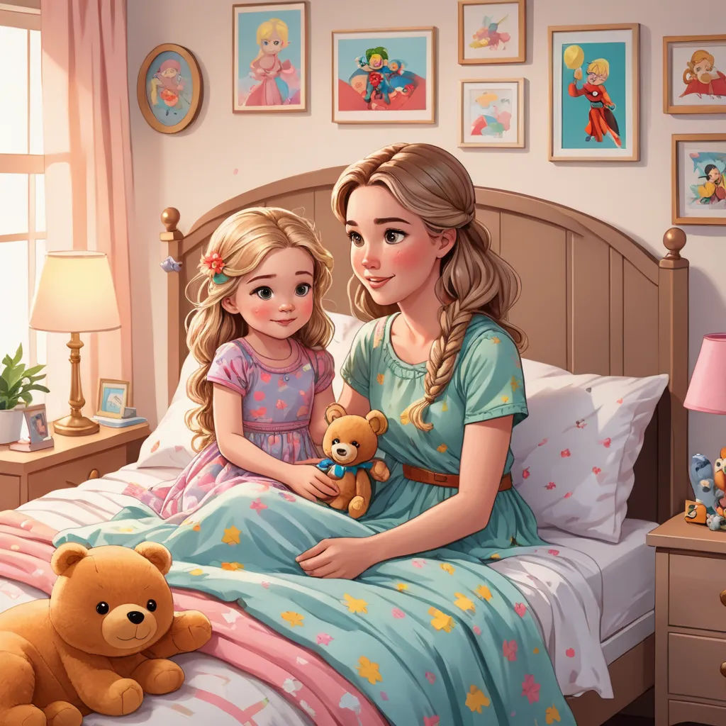 a painting of a mother and daughter in bed with a teddy bear and a teddy bear lamp on the nightstand, remodernism, a storybook illustration, disney, storybook illustration