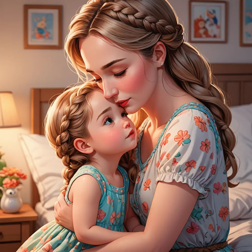 a woman and a child are sitting on a bed together, one of them is holding the child's head, photorealism, a storybook illustration, Artgerm, ultra realistic illustration