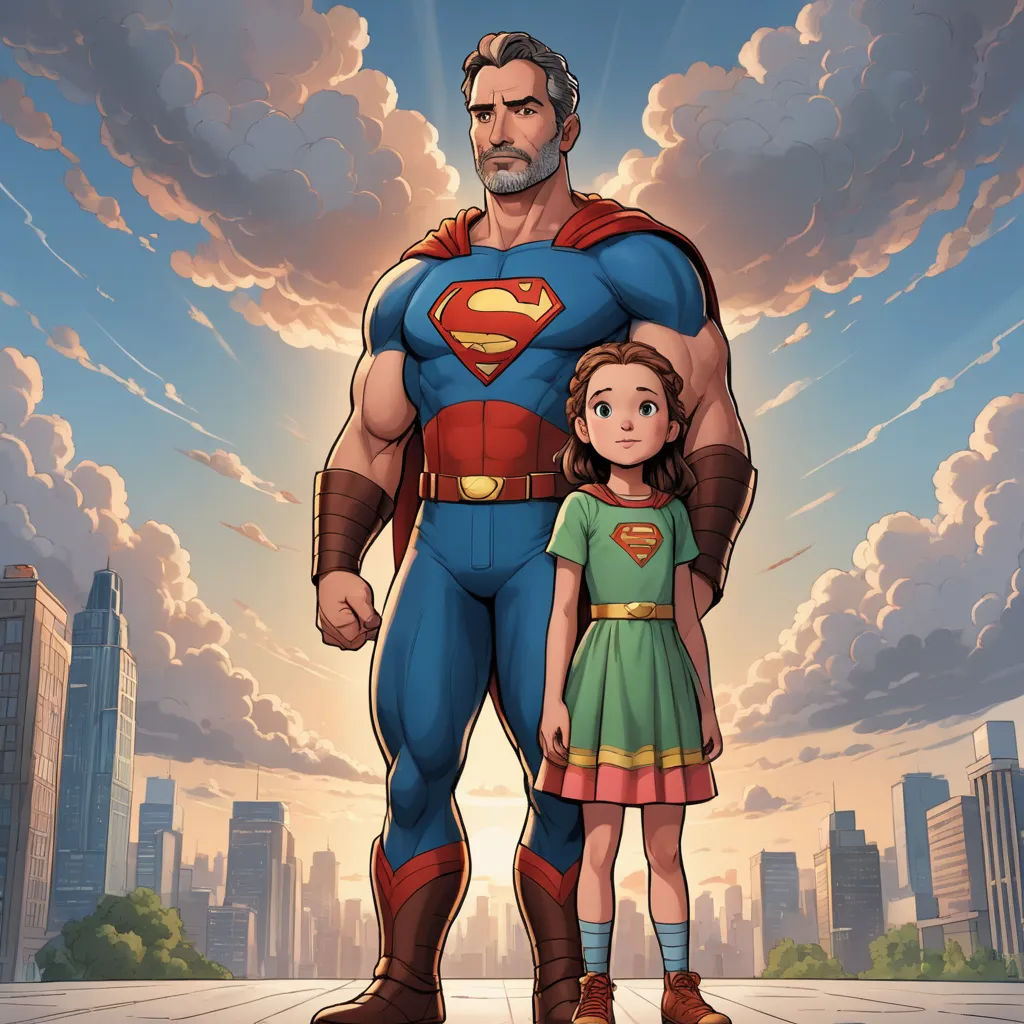 a cartoon of a man and a little girl standing in front of a cityscape with a sky background, superflat, poster art, Artgerm, rossdraws global illumination