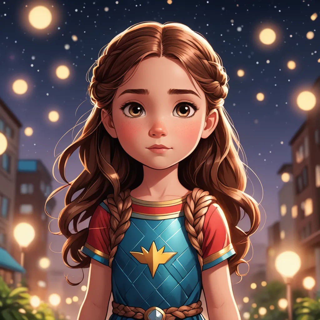 a cartoon girl in a blue dress standing in the street at night with lights on the buildings behind her, fantasy art, a comic book panel, Artgerm, rossdraws global illumination