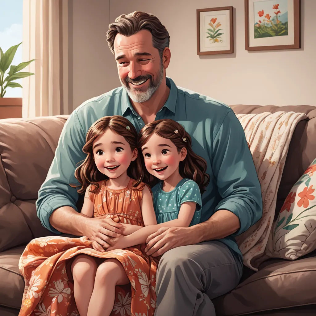 a man sitting on a couch with two little girls on his lap and a painting of a man holding a girl, american scene painting, a storybook illustration, Alejandro Burdisio, storybook illustration
