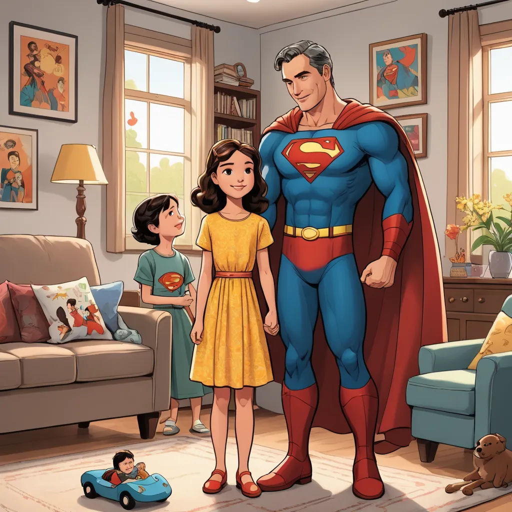 a man and a little girl standing in a living room with a superman costume on and a dog sitting on the floor, fantastic realism, a storybook illustration, Anthony Palumbo, official art