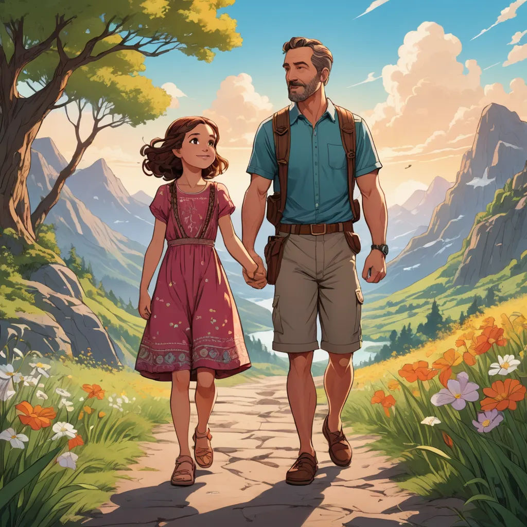 a man and a woman walking down a path in the mountains holding hands and looking at each other with a mountain in the background, american scene painting, a storybook illustration, Cliff Childs, official art
