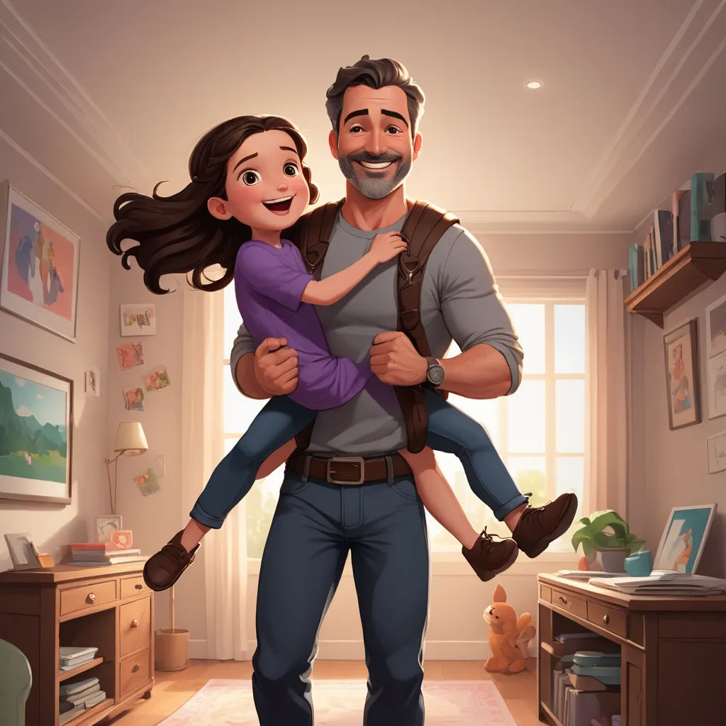 a man holding a little girl in his arms in a room with a window and a desk with a computer, photorealism, a storybook illustration, Diego Gisbert Llorens, unreal engine highly rendered