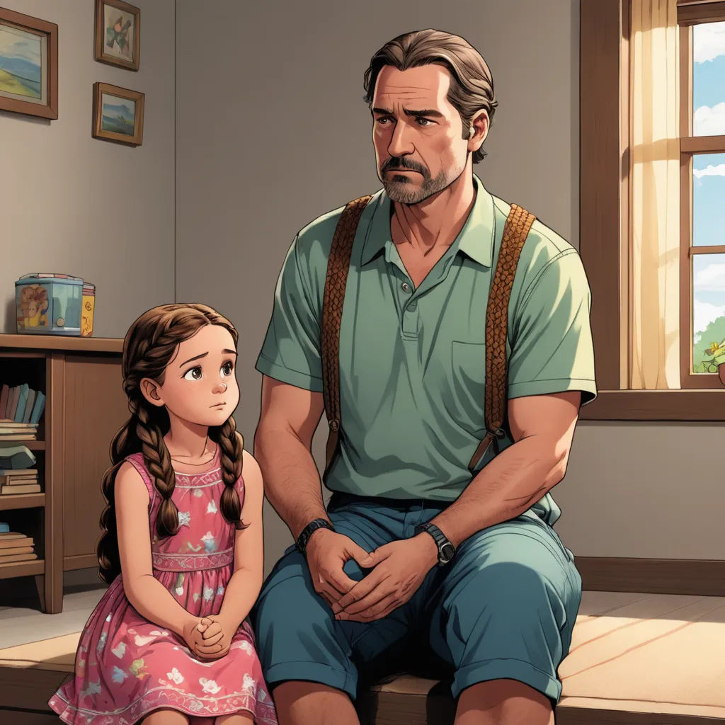 a man sitting next to a little girl in a room with a window and a book shelf on the wall, sots art, a comic book panel, Clark Voorhees, official art