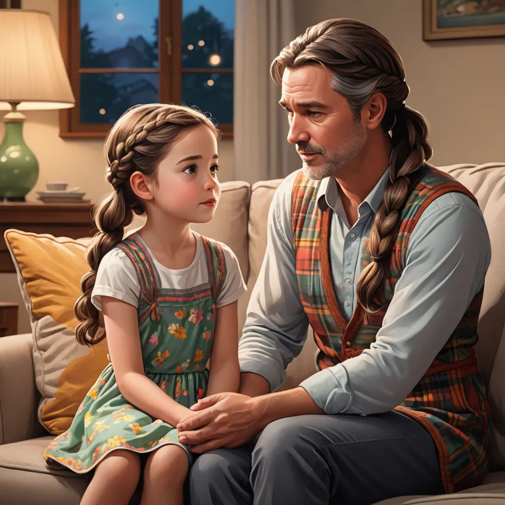 a painting of a man and a little girl sitting on a couch together, looking at each other, with a window in the background, american scene painting, a storybook illustration, Alejandro Burdisio, ultra realistic illustration