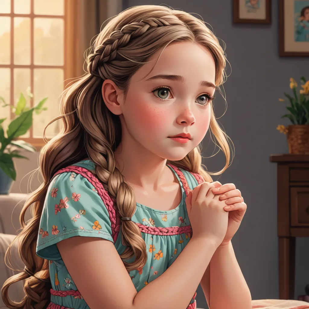 a painting of a little girl sitting at a table with a plate of food in front of her and a potted plant in the background, photorealism, a storybook illustration, Brom, cgstudio