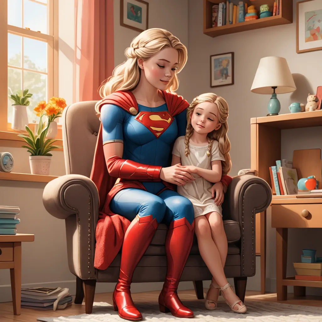 a painting of a woman and a little girl sitting on a chair together, both dressed in superman costumes, superflat, a comic book panel, Artgerm, ultra realistic illustration