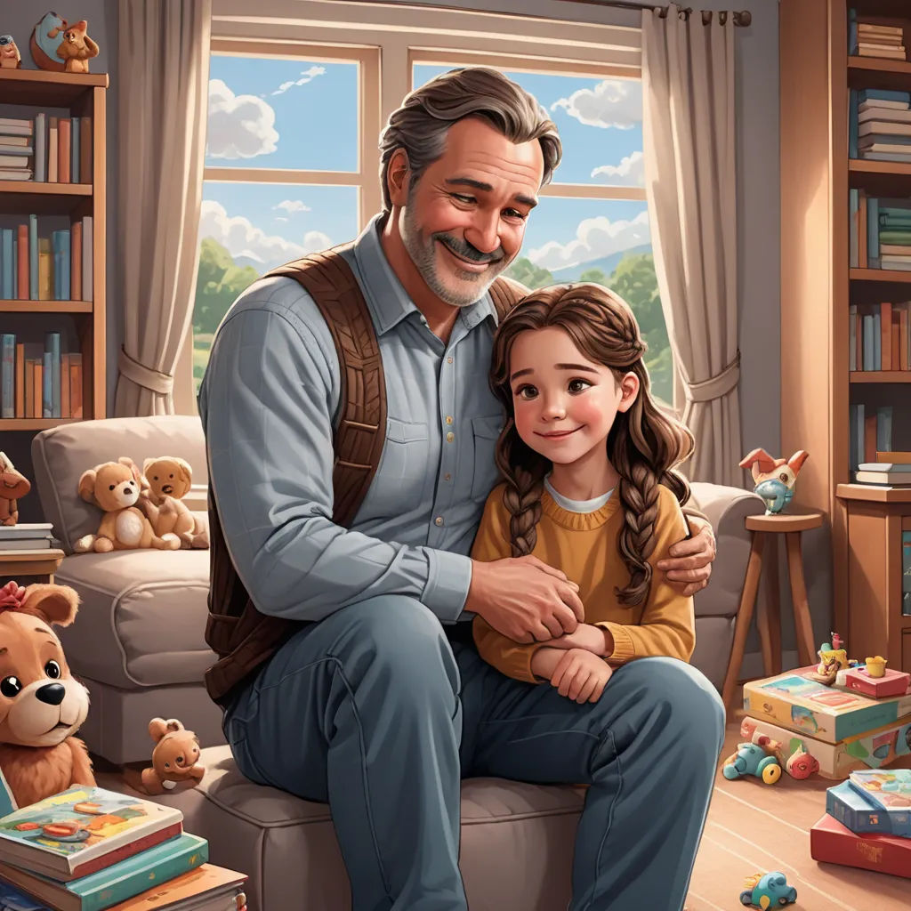a man and a little girl sitting on a couch in a room with bookshelves and stuffed animals, american scene painting, a storybook illustration, Cliff Childs, storybook illustration