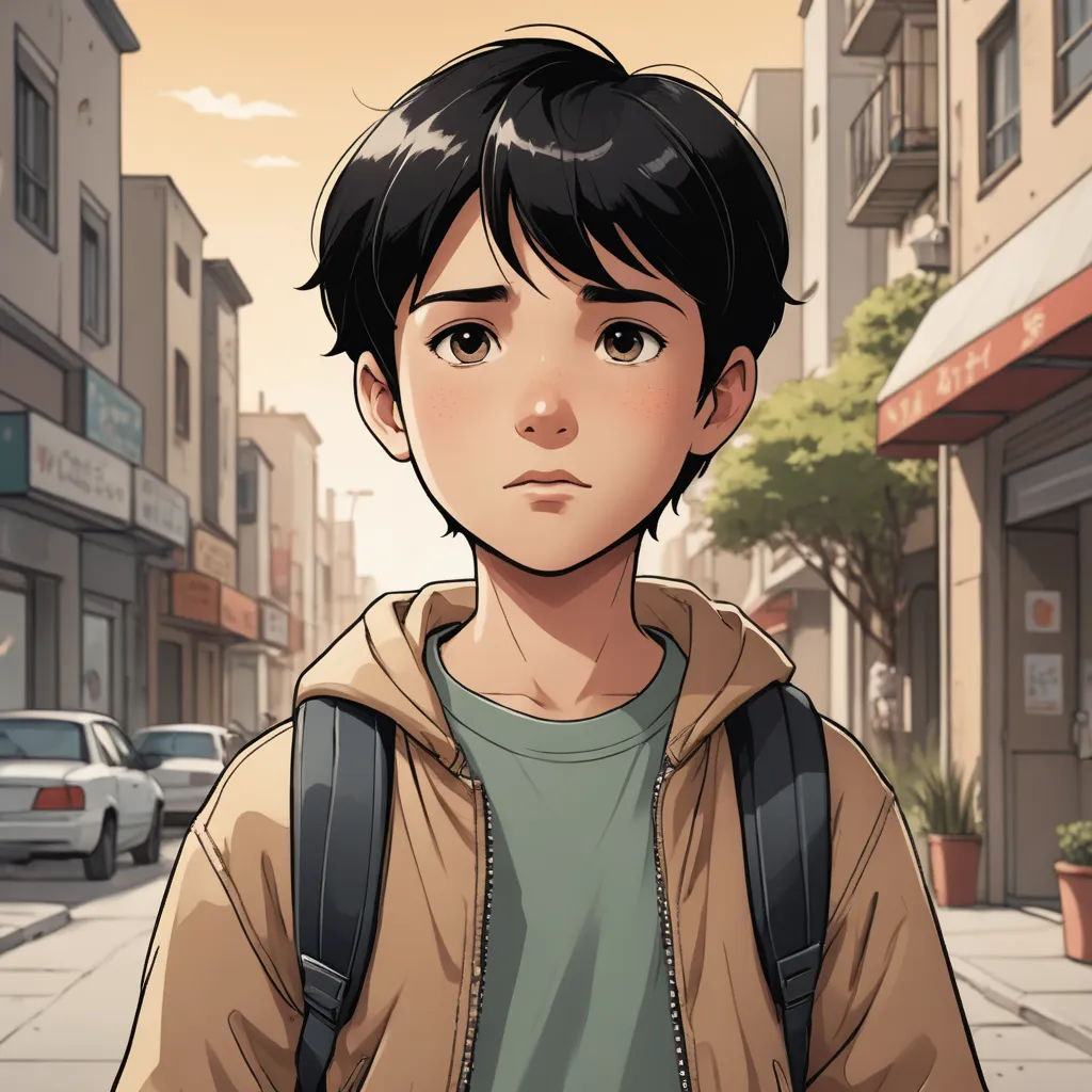 a young man with a backpack on a city street with buildings and cars in the background, looking at the camera, serial art, a comic book panel, Adam Manyoki, graphic novel