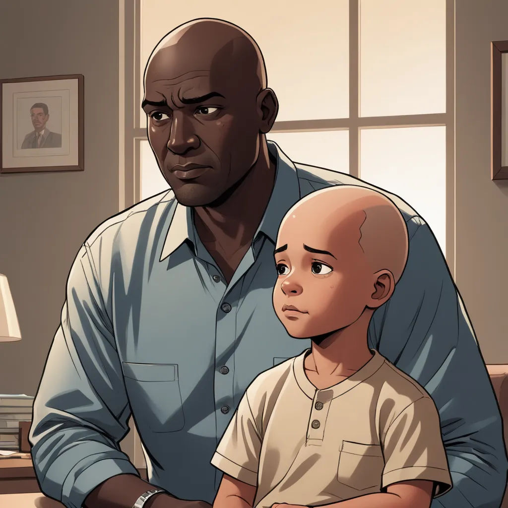 a man and a child are sitting in a room with a window and a picture on the wall behind them, american realism, a comic book panel, Altichiero, graphic novel