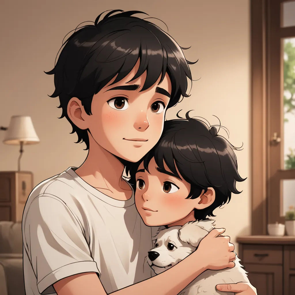 a boy holding a dog in his arms in a living room with a window in the background and a lamp on the wall, sots art, a character portrait, Everett Warner, official art