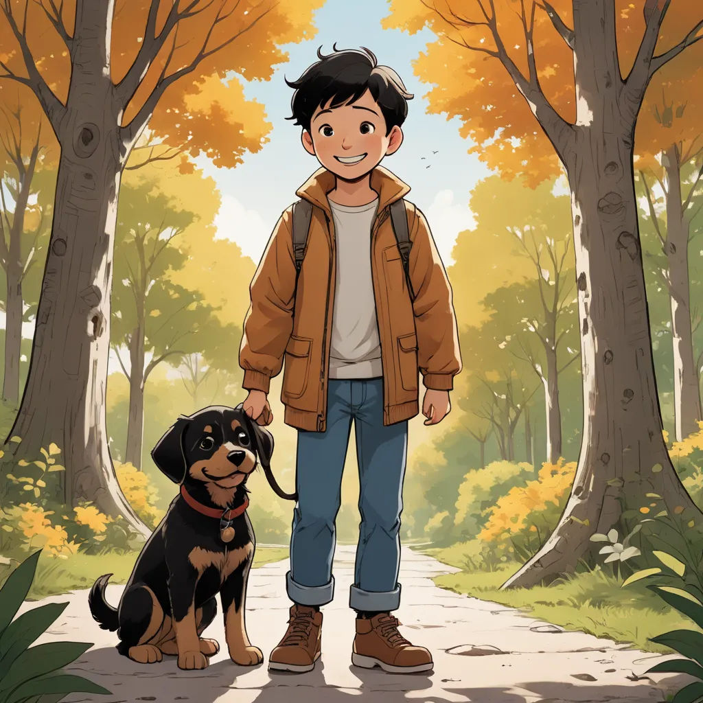 a boy standing next to a dog in a forest with trees and leaves on the ground and a path, environmental art, a comic book panel, Everett Warner, comic cover art