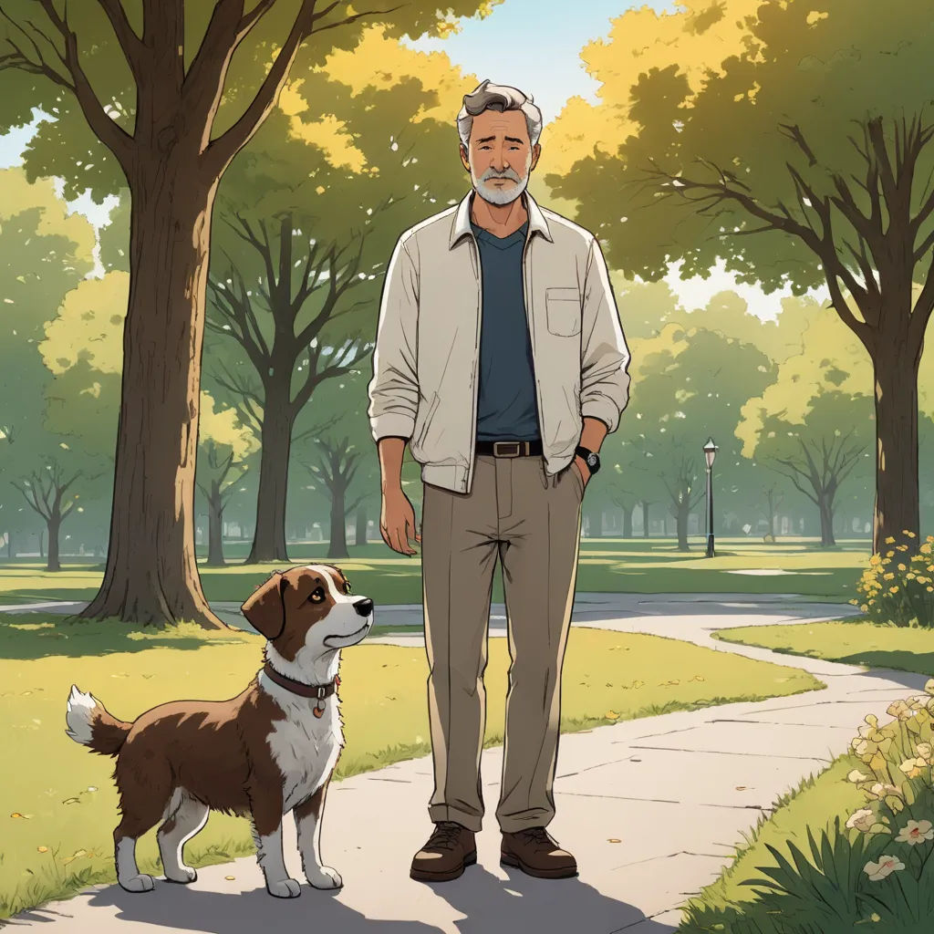 a man standing next to a dog on a sidewalk in a park with trees and grass behind him and a dog standing on a sidewalk, american scene painting, a comic book panel, Art Fitzpatrick, official art