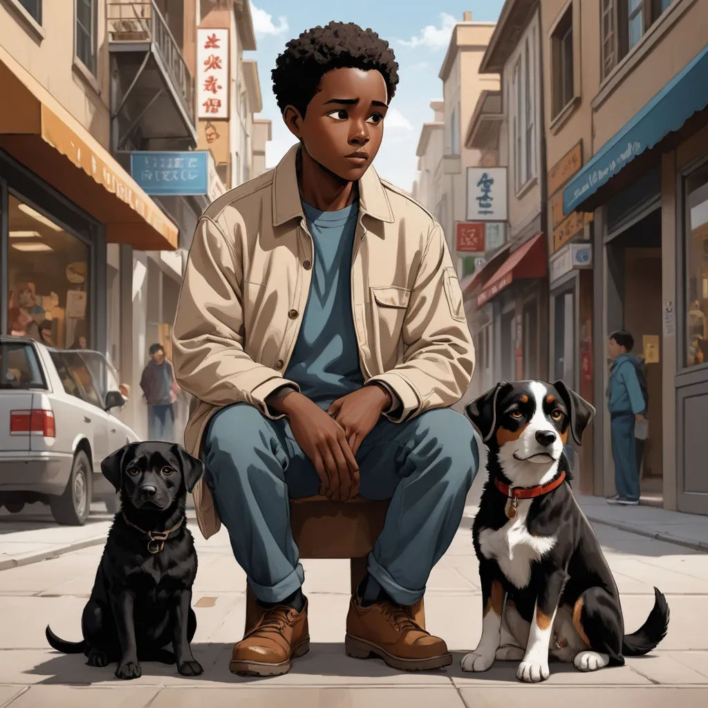 a man sitting on a chair next to two dogs on a city street with buildings in the background and a man sitting on a chair with two dogs, american scene painting, a comic book panel, Aaron Jasinski, official art
