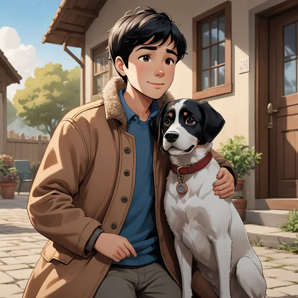 a man holding a dog in front of a house with a dog on his lap and a house in the background, furry art, a storybook illustration, Aaron Jasinski, official art