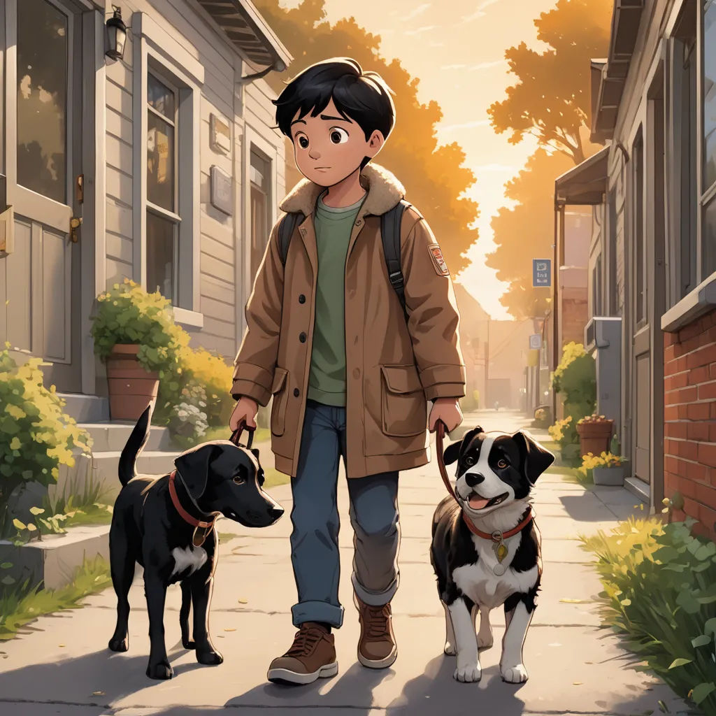 a boy walking two dogs down a sidewalk in front of a house with a dog on a leash on a leash, american scene painting, a comic book panel, Aaron Jasinski, official art