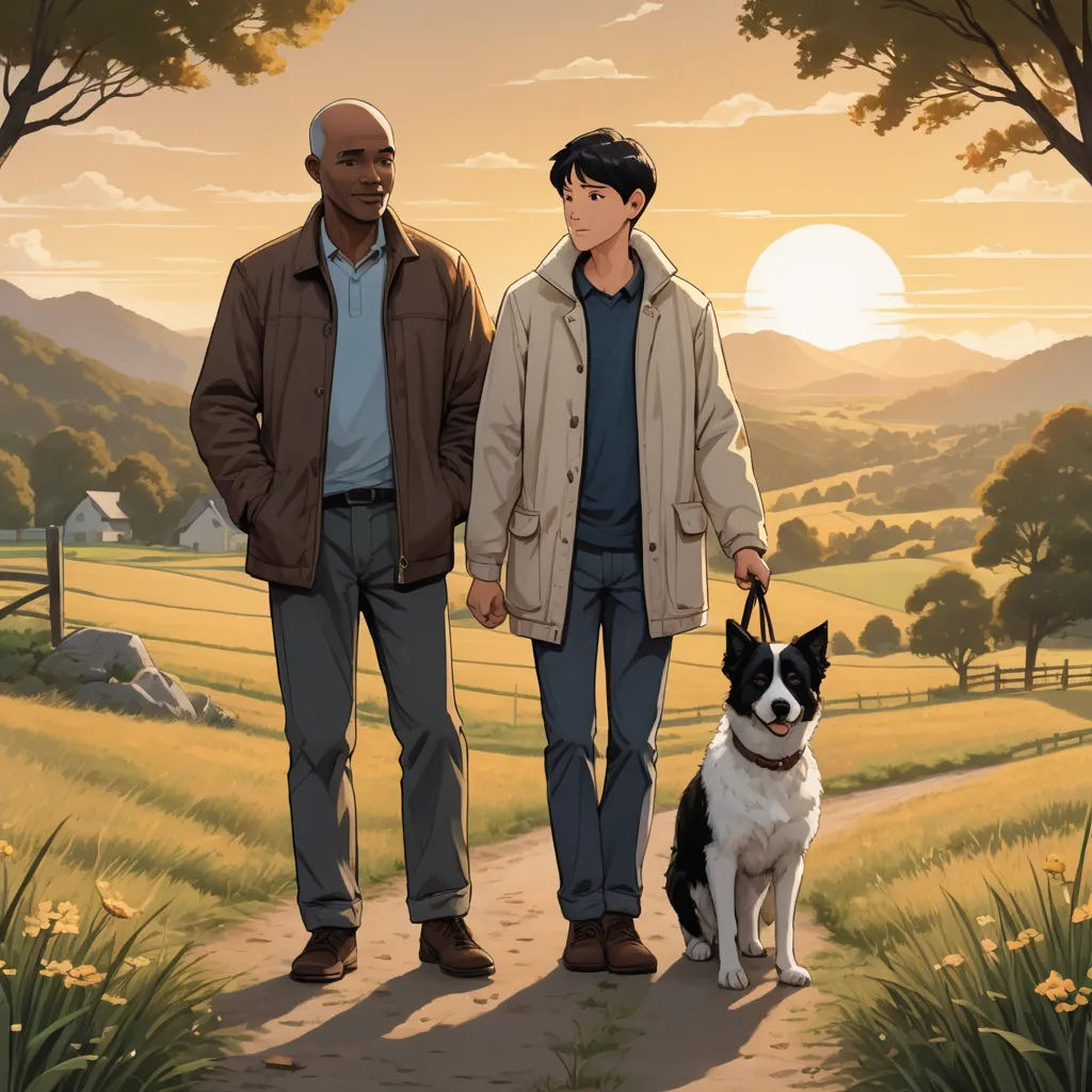 a painting of two men walking a dog down a path with a sunset in the background and a dog on a leash, american scene painting, a comic book panel, Asaf Hanuka, official art